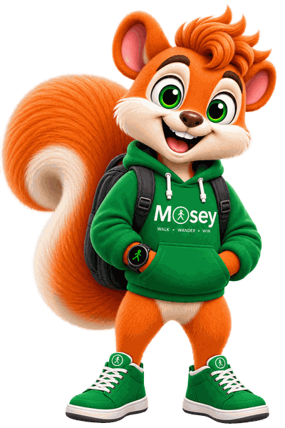 Mosey the squirrel mascot standing in a green Mosey hoodie