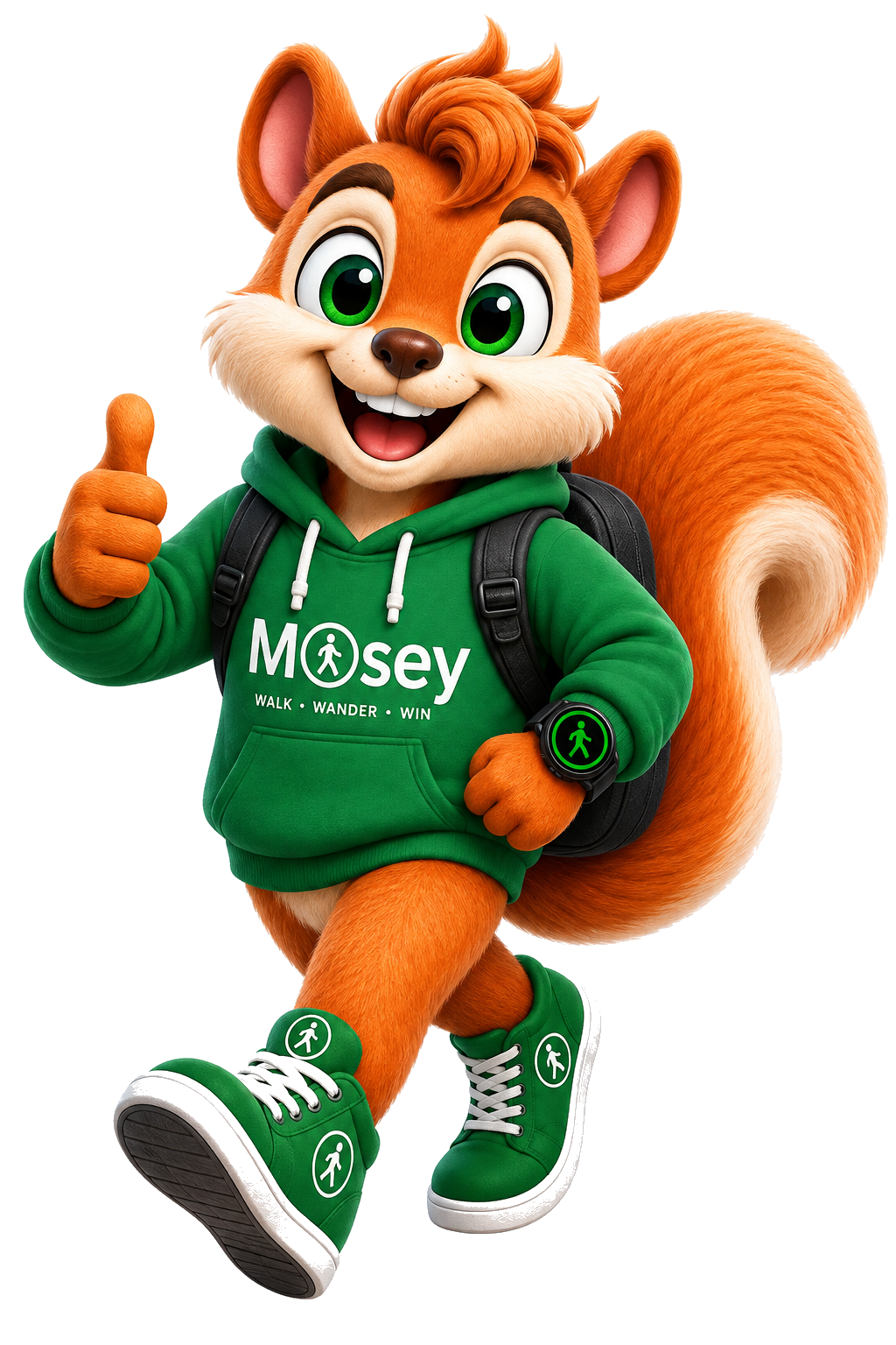 Mosey the squirrel walking and giving a thumbs up